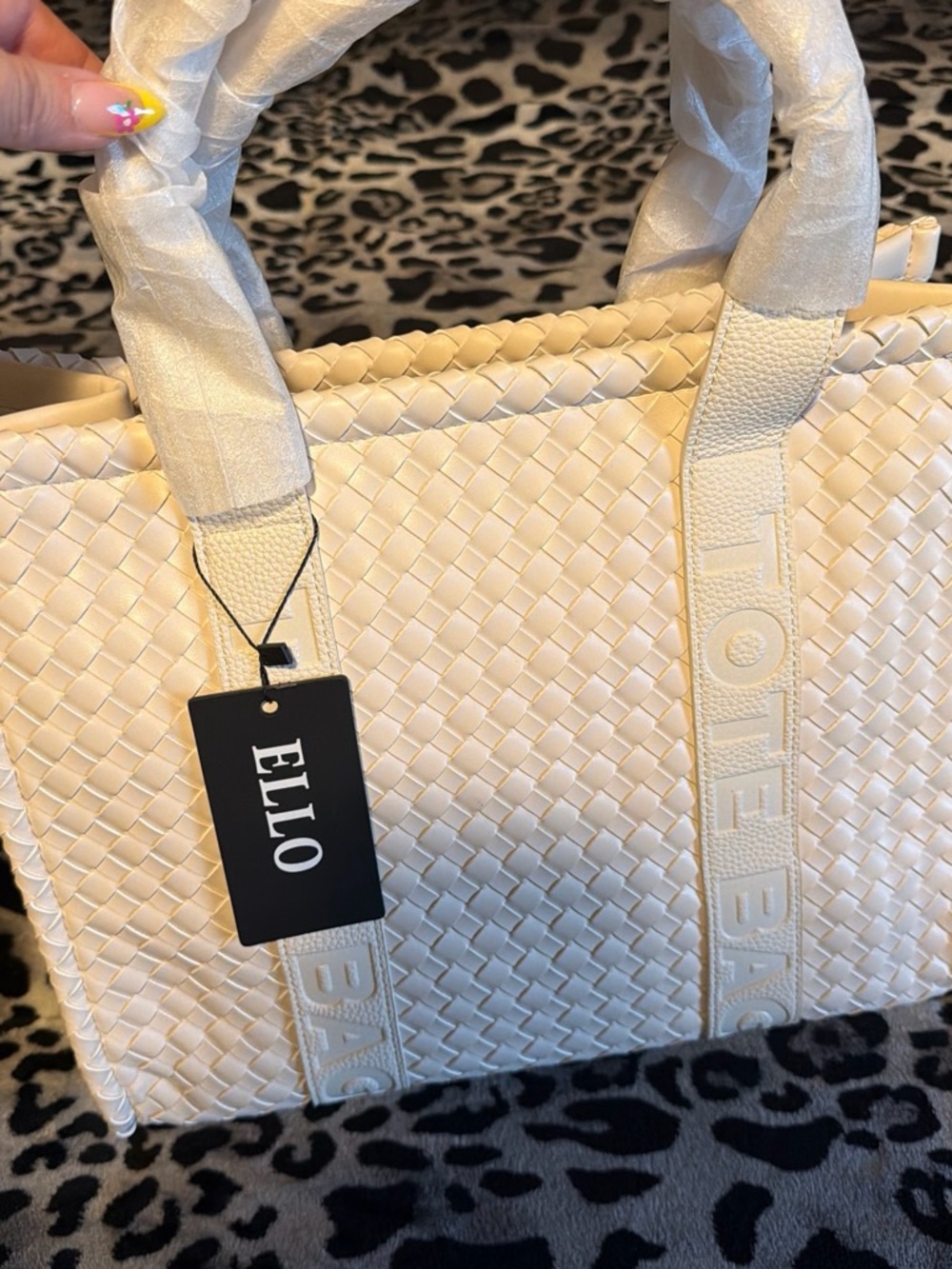 ELLO Cream Woven Tote Bag with Branded Strap
